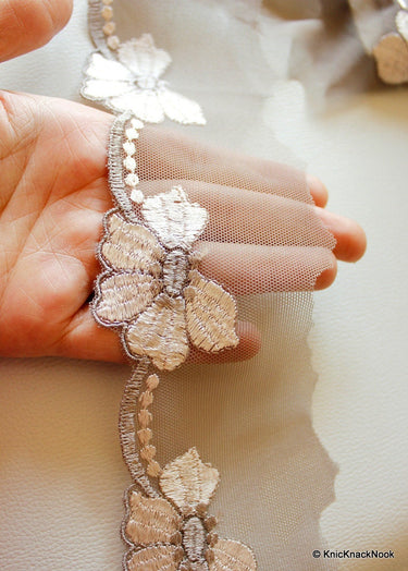 Grey Net Lace With Flowers Embroidery Approx. 70mm wide